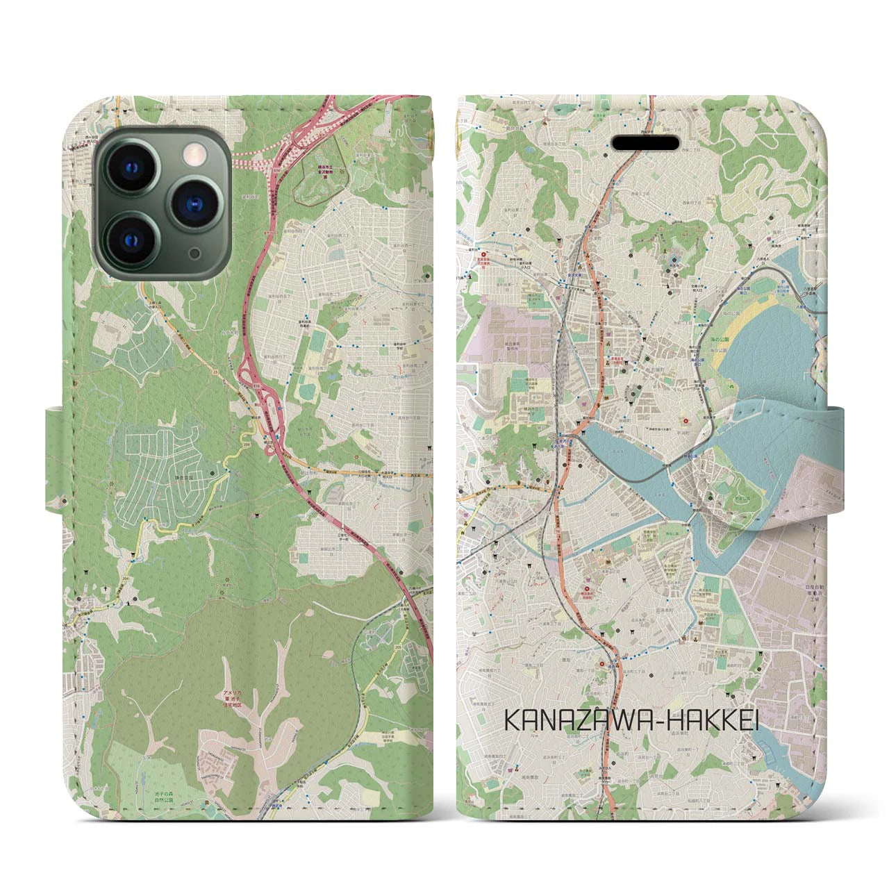 【金沢八景】地図柄iPhoneケース（手帳両面タイプ・ナチュラル）iPhone 11 Pro 用