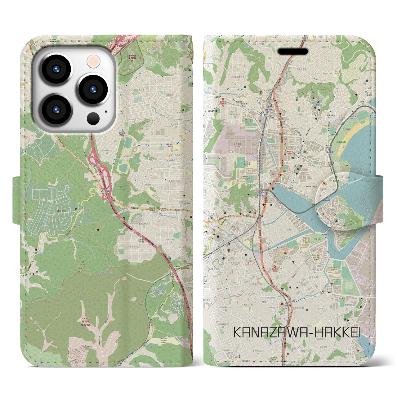 【金沢八景】地図柄iPhoneケース（手帳両面タイプ・ナチュラル）iPhone 13 Pro 用