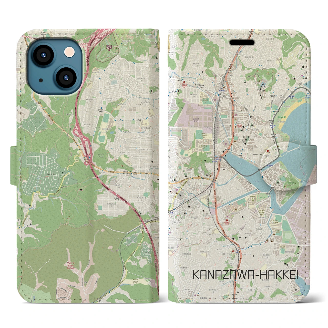 【金沢八景】地図柄iPhoneケース（手帳両面タイプ・ナチュラル）iPhone 13 用