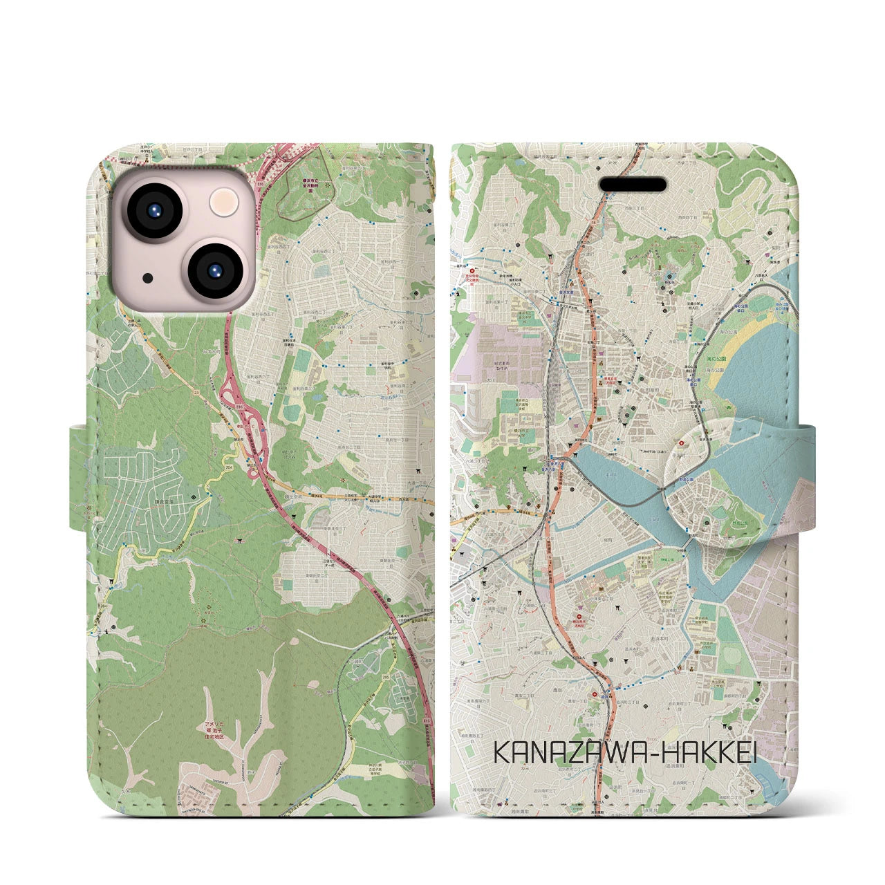 【金沢八景】地図柄iPhoneケース（手帳両面タイプ・ナチュラル）iPhone 13 mini 用