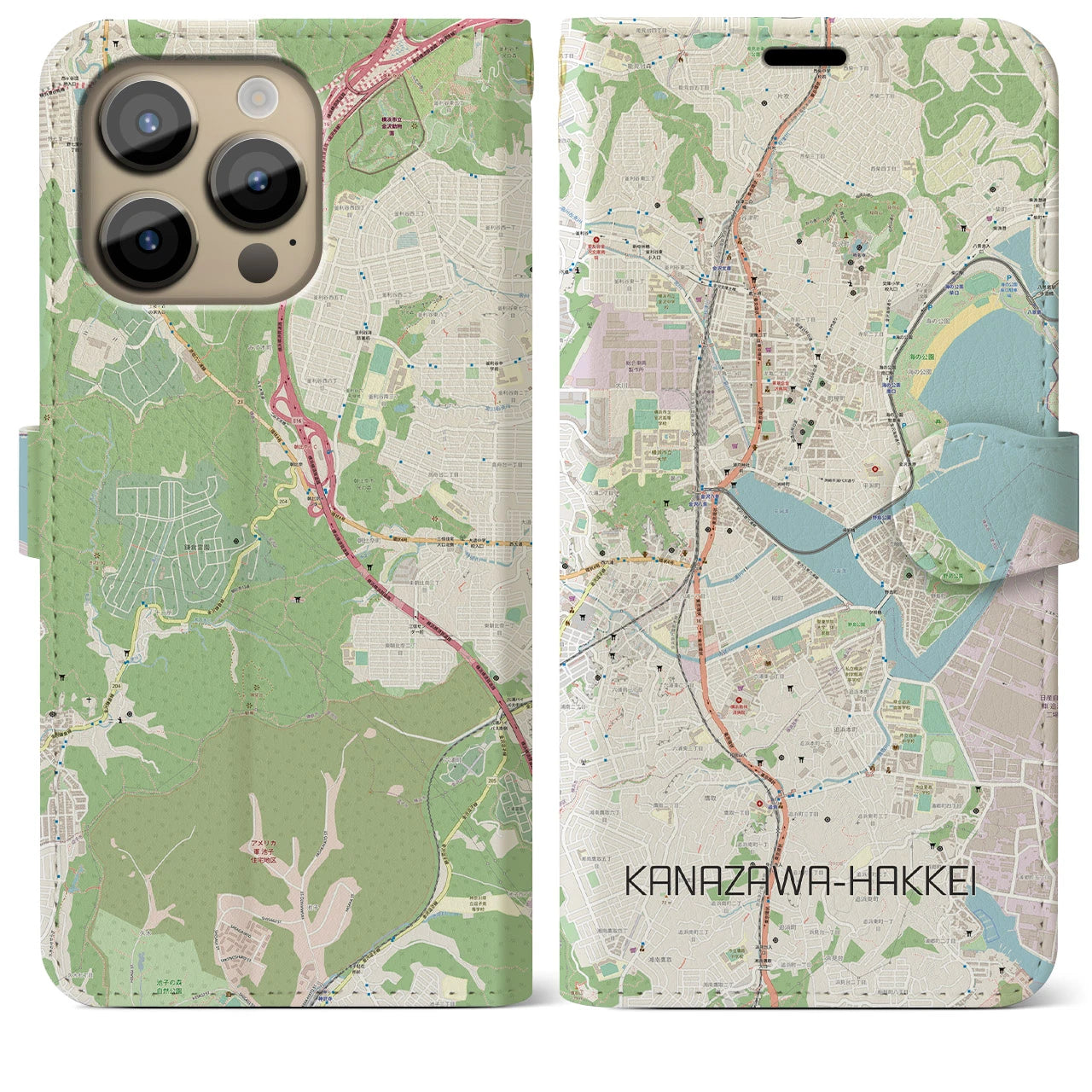 【金沢八景】地図柄iPhoneケース（手帳両面タイプ・ナチュラル）iPhone 14 Pro Max 用