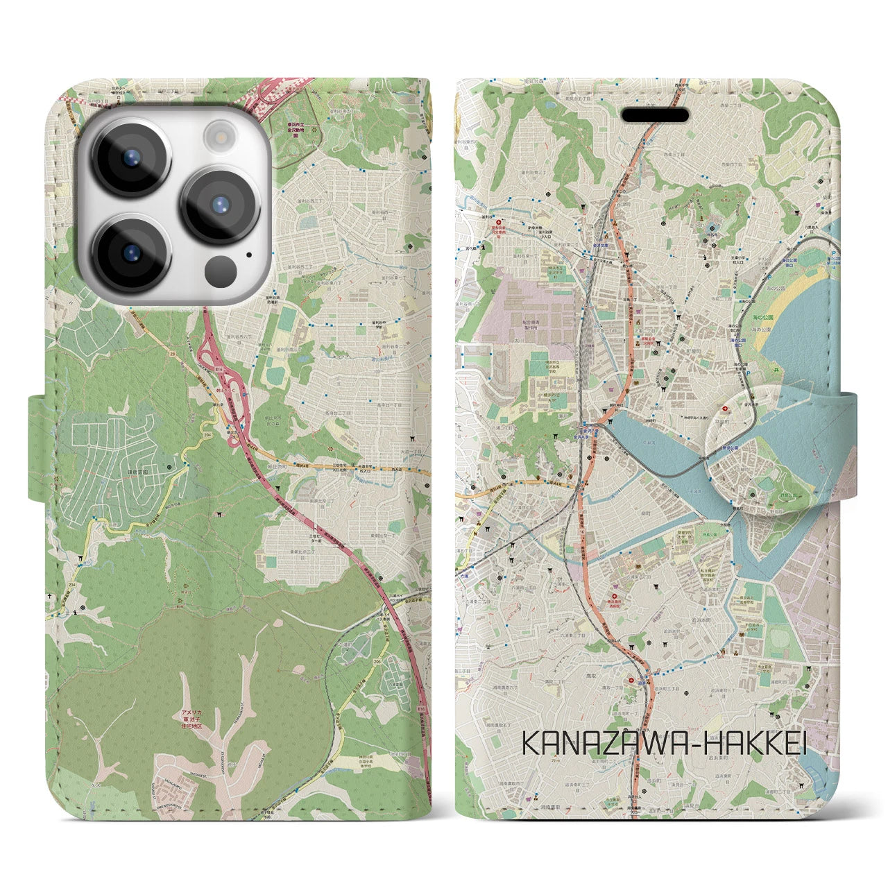 【金沢八景】地図柄iPhoneケース（手帳両面タイプ・ナチュラル）iPhone 14 Pro 用