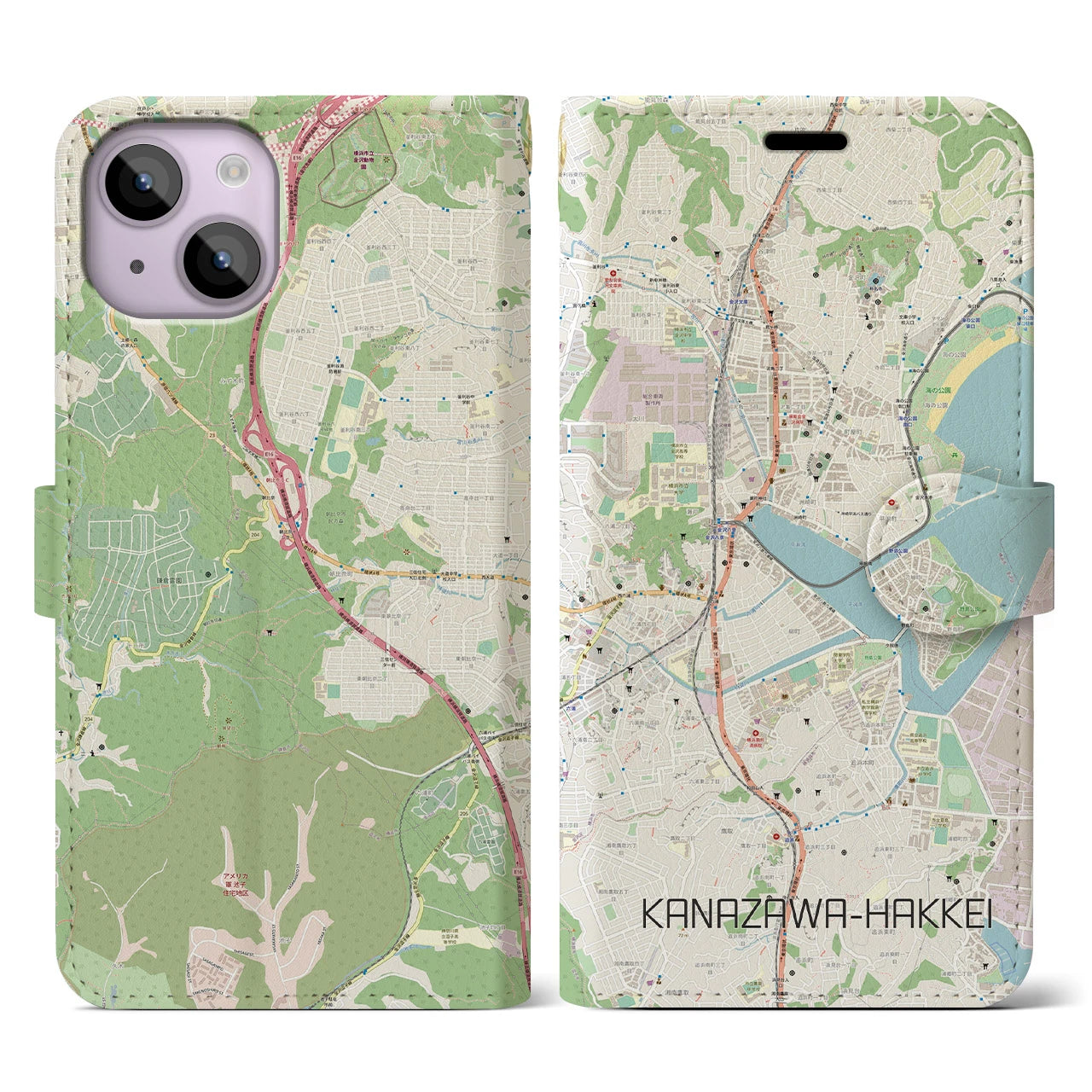 【金沢八景】地図柄iPhoneケース（手帳両面タイプ・ナチュラル）iPhone 14 用