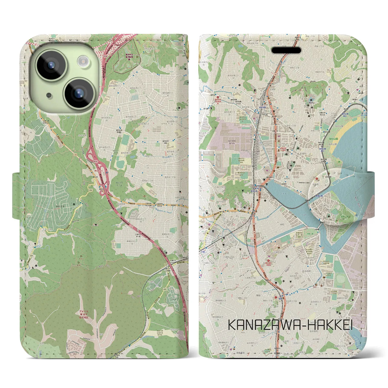 【金沢八景】地図柄iPhoneケース（手帳両面タイプ・ナチュラル）iPhone 15 用