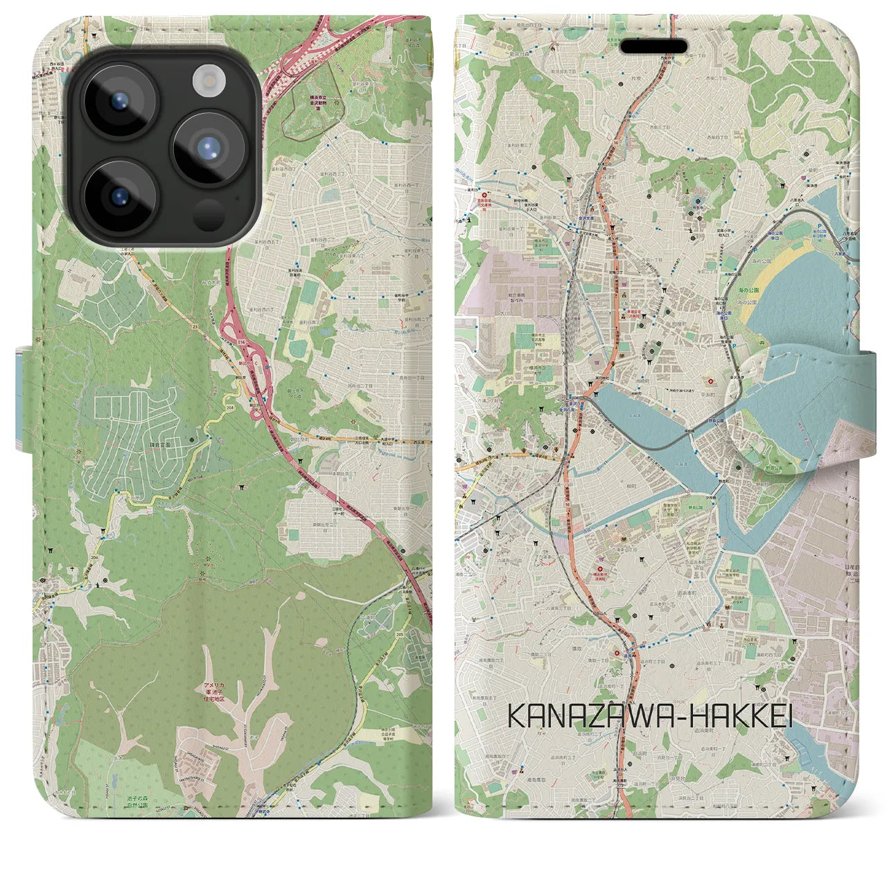 【金沢八景】地図柄iPhoneケース（手帳両面タイプ・ナチュラル）iPhone 15 Pro Max 用