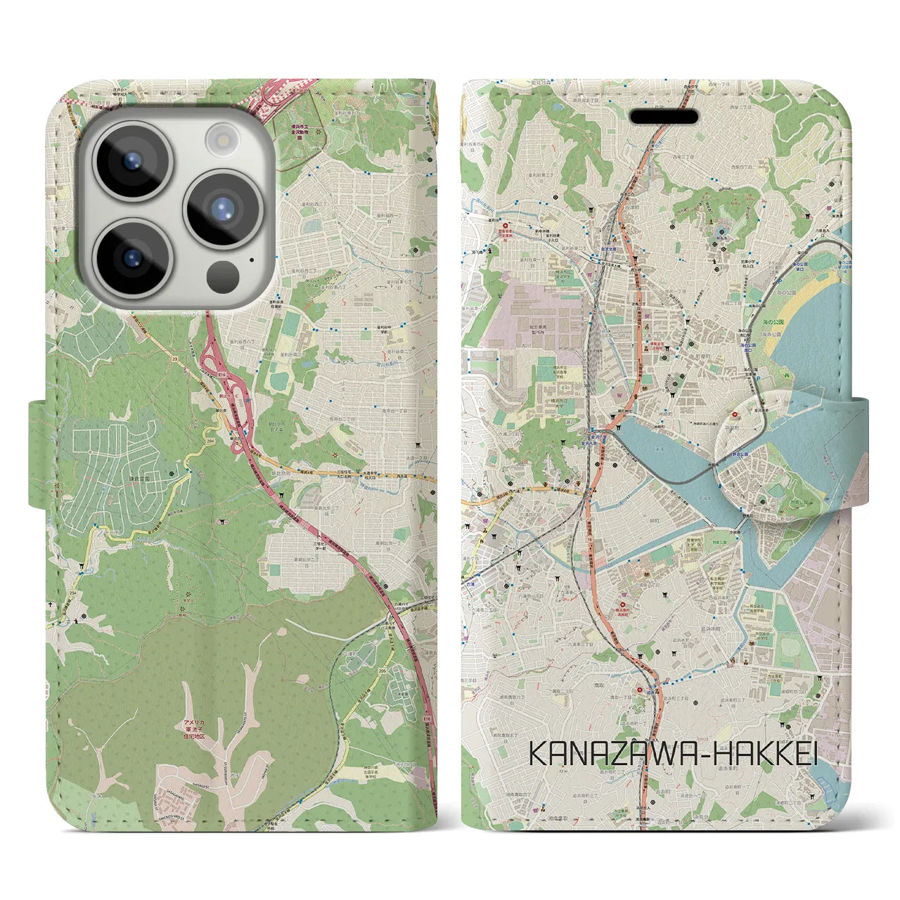 【金沢八景】地図柄iPhoneケース（手帳両面タイプ・ナチュラル）iPhone 15 Pro 用