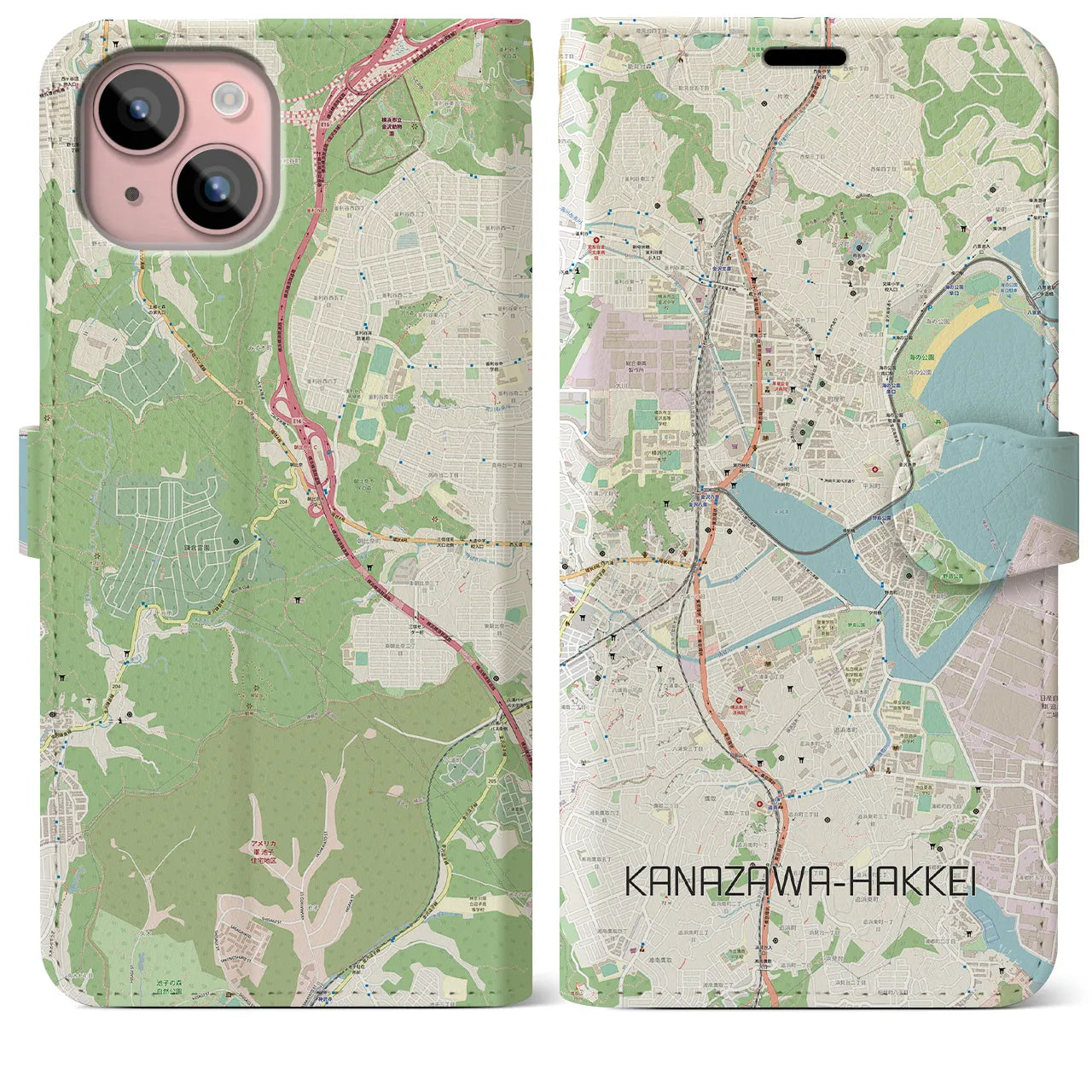 【金沢八景】地図柄iPhoneケース（手帳両面タイプ・ナチュラル）iPhone 15 Plus 用