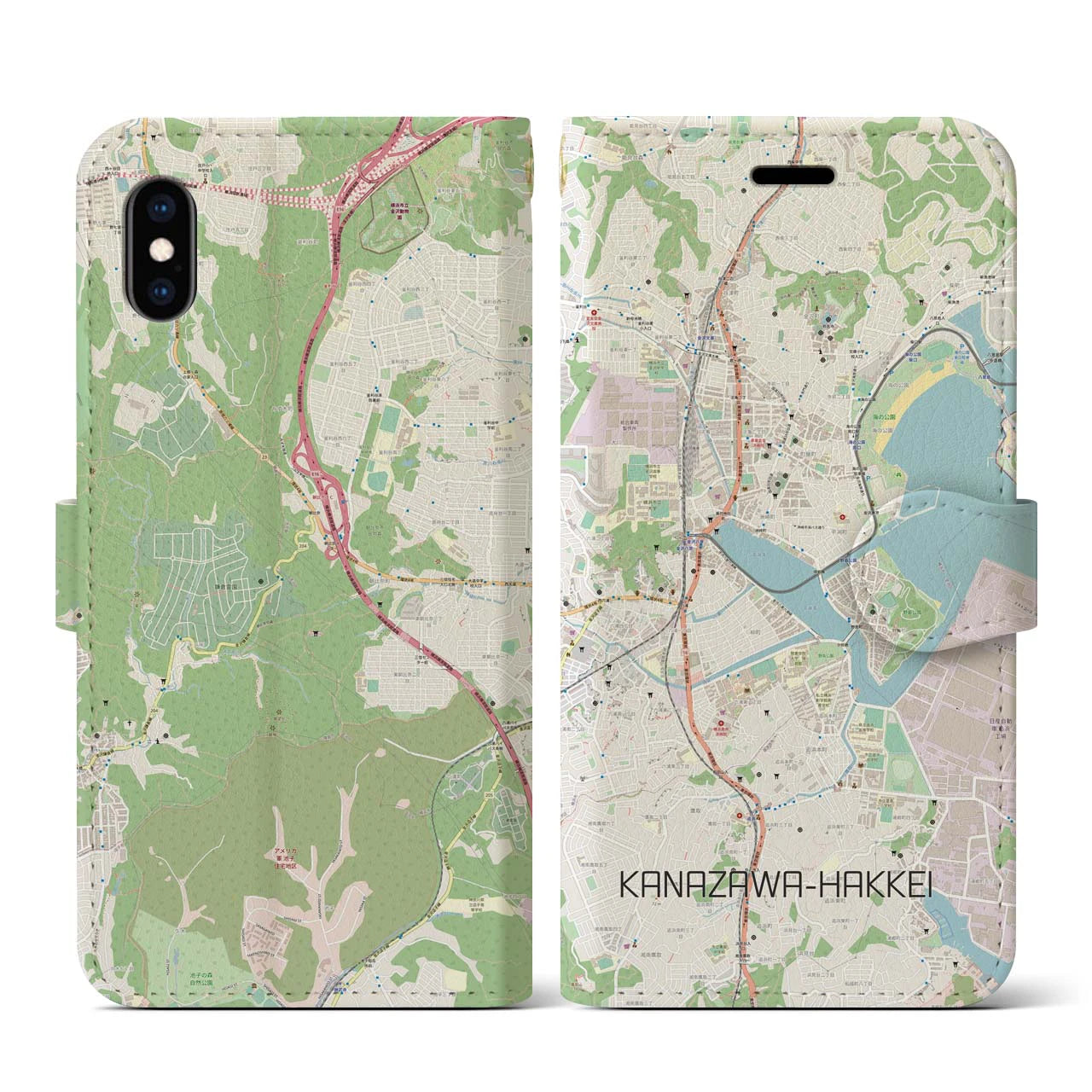 【金沢八景】地図柄iPhoneケース（手帳両面タイプ・ナチュラル）iPhone XS / X 用