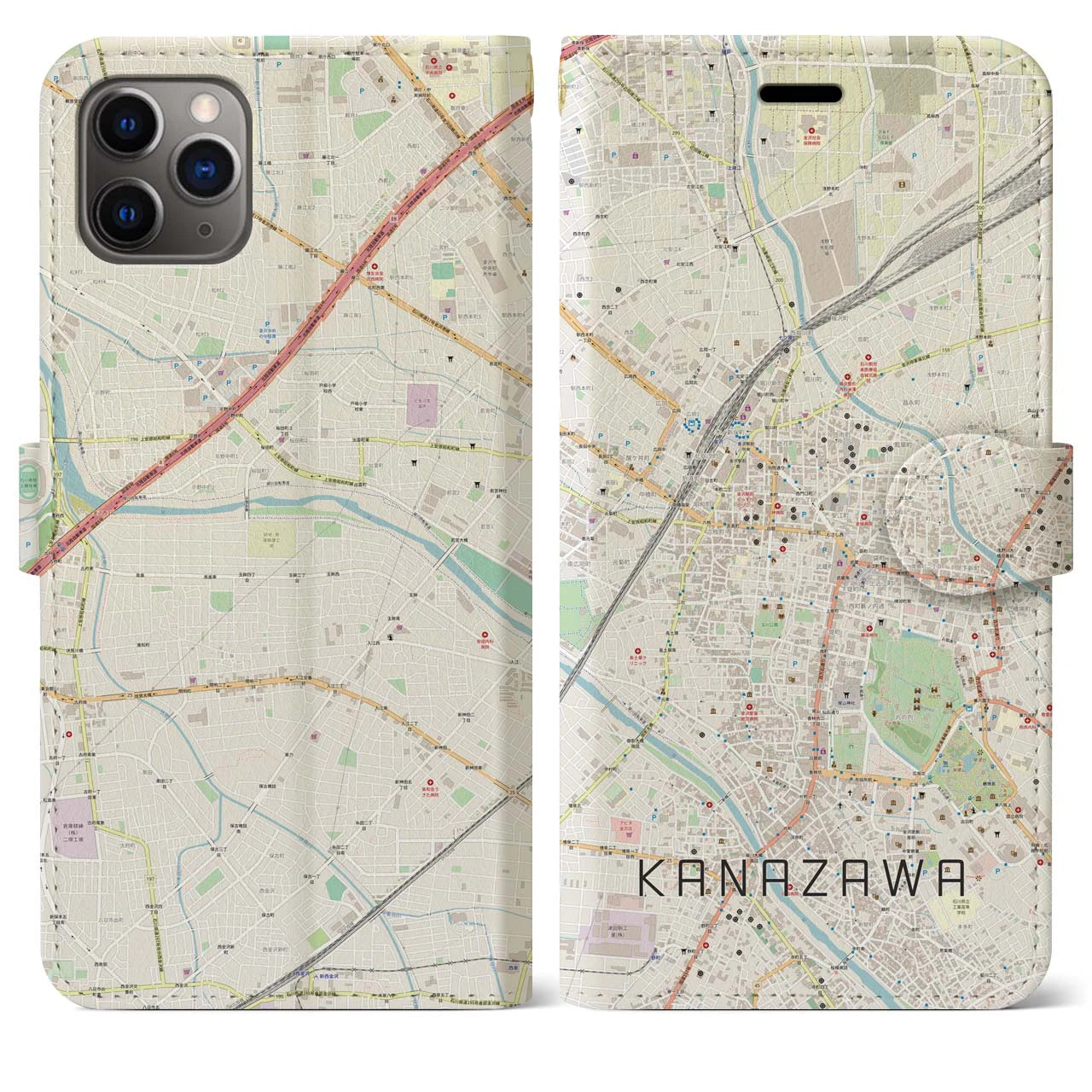 【金沢】地図柄iPhoneケース（手帳両面タイプ・ナチュラル）iPhone 11 Pro Max 用