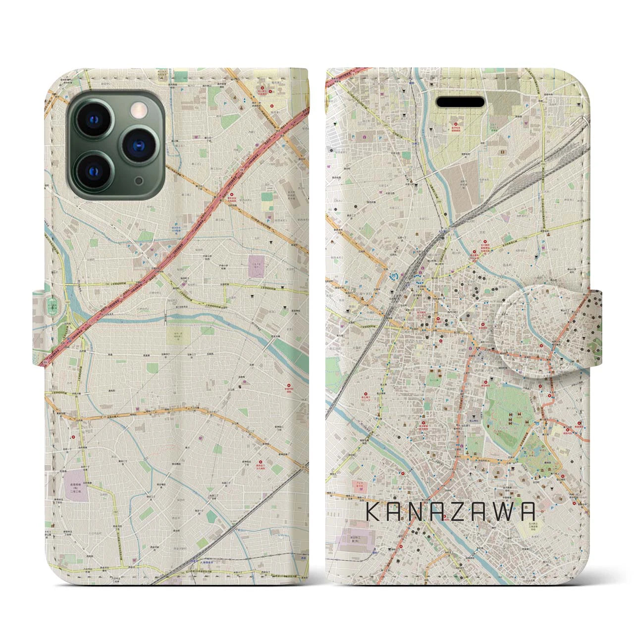 【金沢】地図柄iPhoneケース（手帳両面タイプ・ナチュラル）iPhone 11 Pro 用