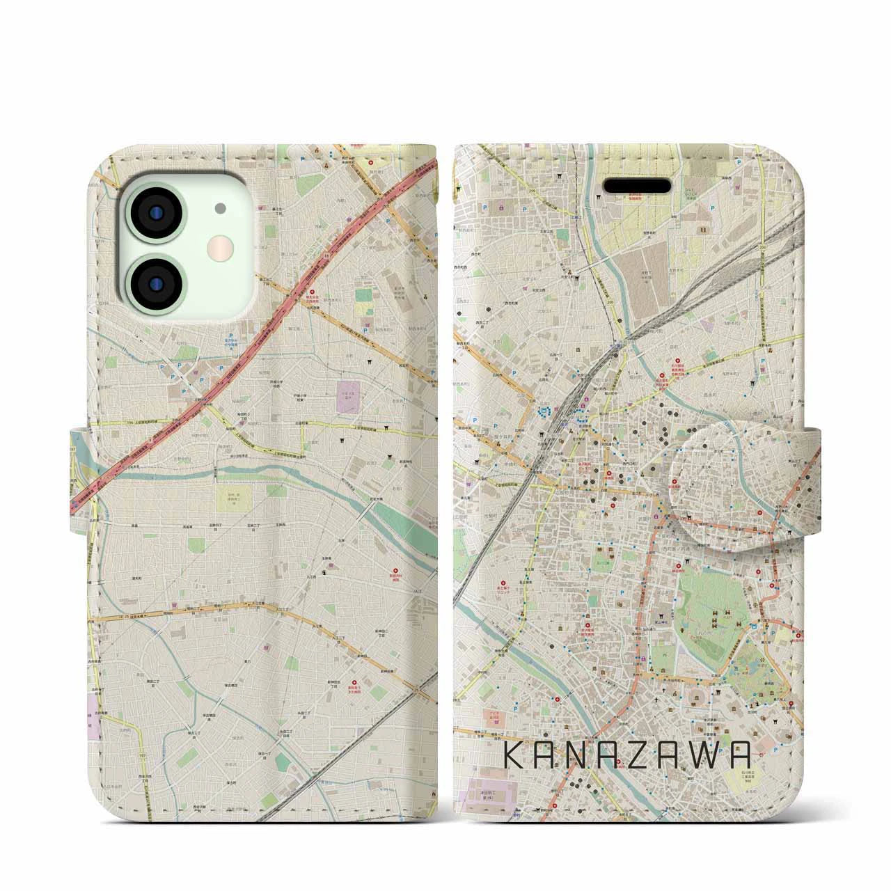 【金沢】地図柄iPhoneケース（手帳両面タイプ・ナチュラル）iPhone 12 mini 用