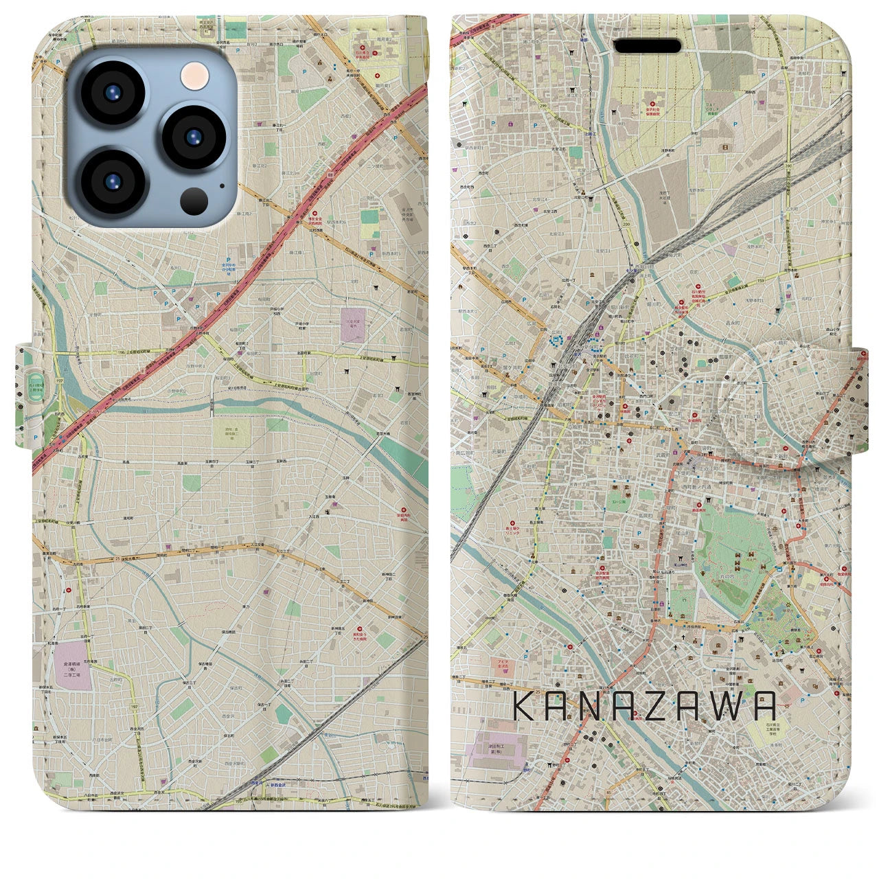 【金沢】地図柄iPhoneケース（手帳両面タイプ・ナチュラル）iPhone 13 Pro Max 用