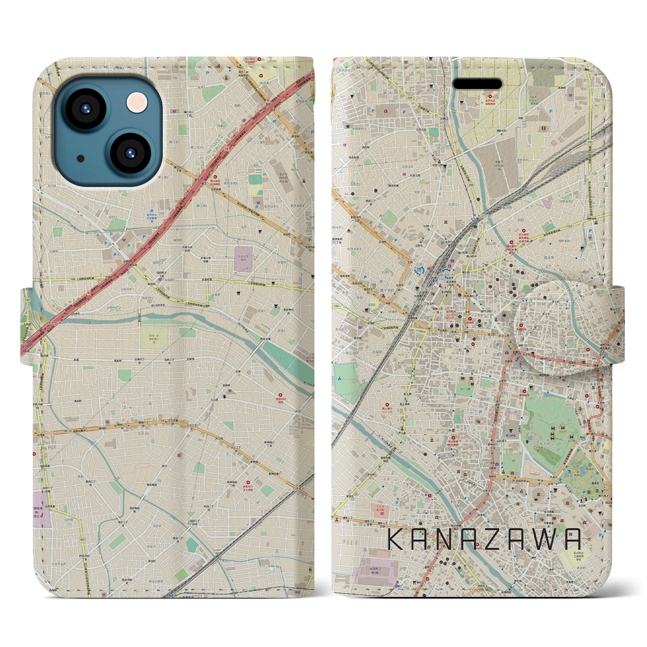 【金沢】地図柄iPhoneケース（手帳両面タイプ・ナチュラル）iPhone 13 用