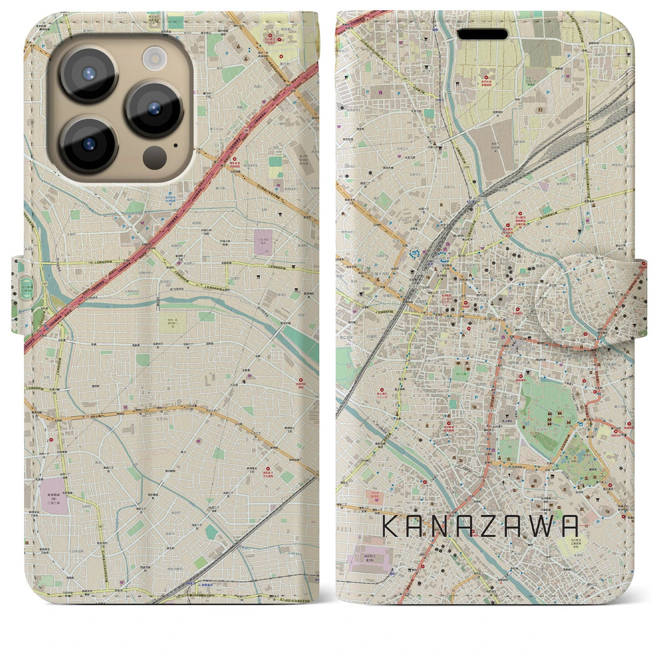 【金沢】地図柄iPhoneケース（手帳両面タイプ・ナチュラル）iPhone 14 Pro Max 用