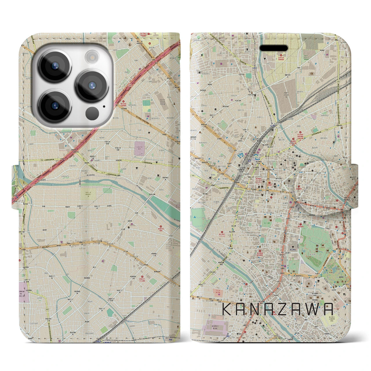【金沢】地図柄iPhoneケース（手帳両面タイプ・ナチュラル）iPhone 14 Pro 用