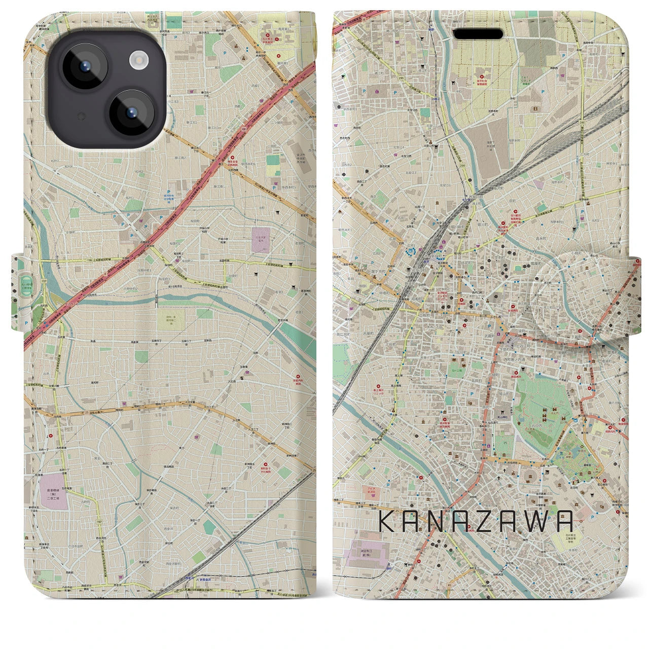 【金沢】地図柄iPhoneケース（手帳両面タイプ・ナチュラル）iPhone 14 Plus 用