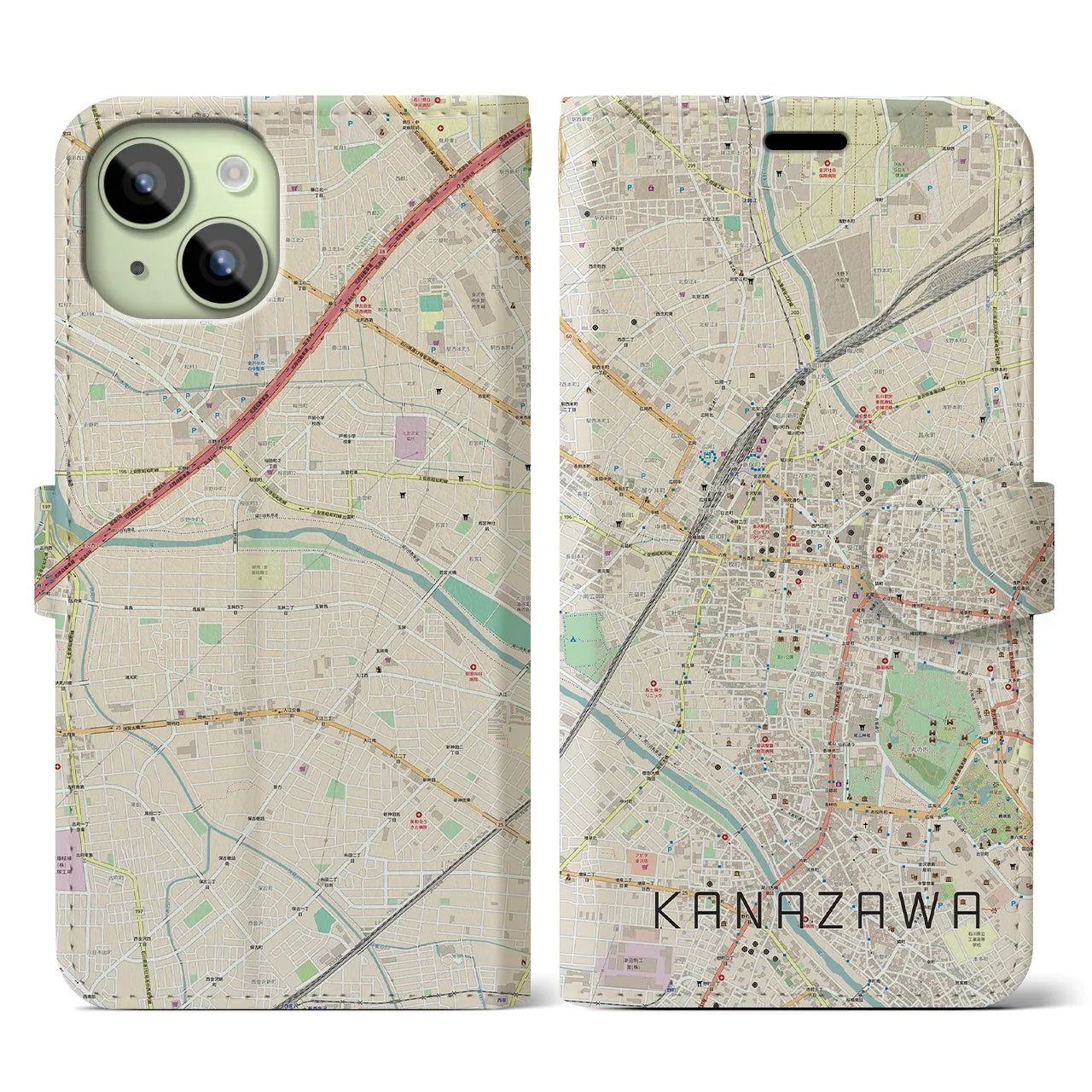【金沢】地図柄iPhoneケース（手帳両面タイプ・ナチュラル）iPhone 15 用