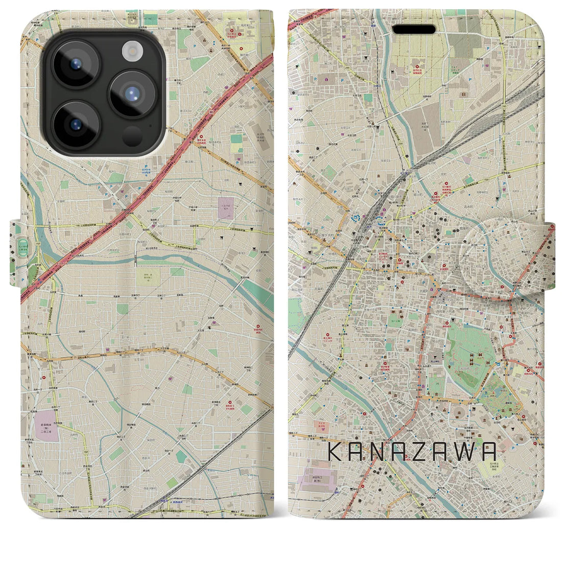 【金沢】地図柄iPhoneケース（手帳両面タイプ・ナチュラル）iPhone 15 Pro Max 用