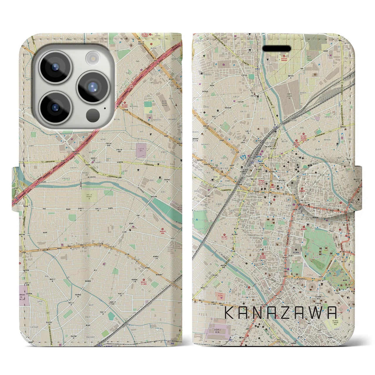 【金沢】地図柄iPhoneケース（手帳両面タイプ・ナチュラル）iPhone 15 Pro 用