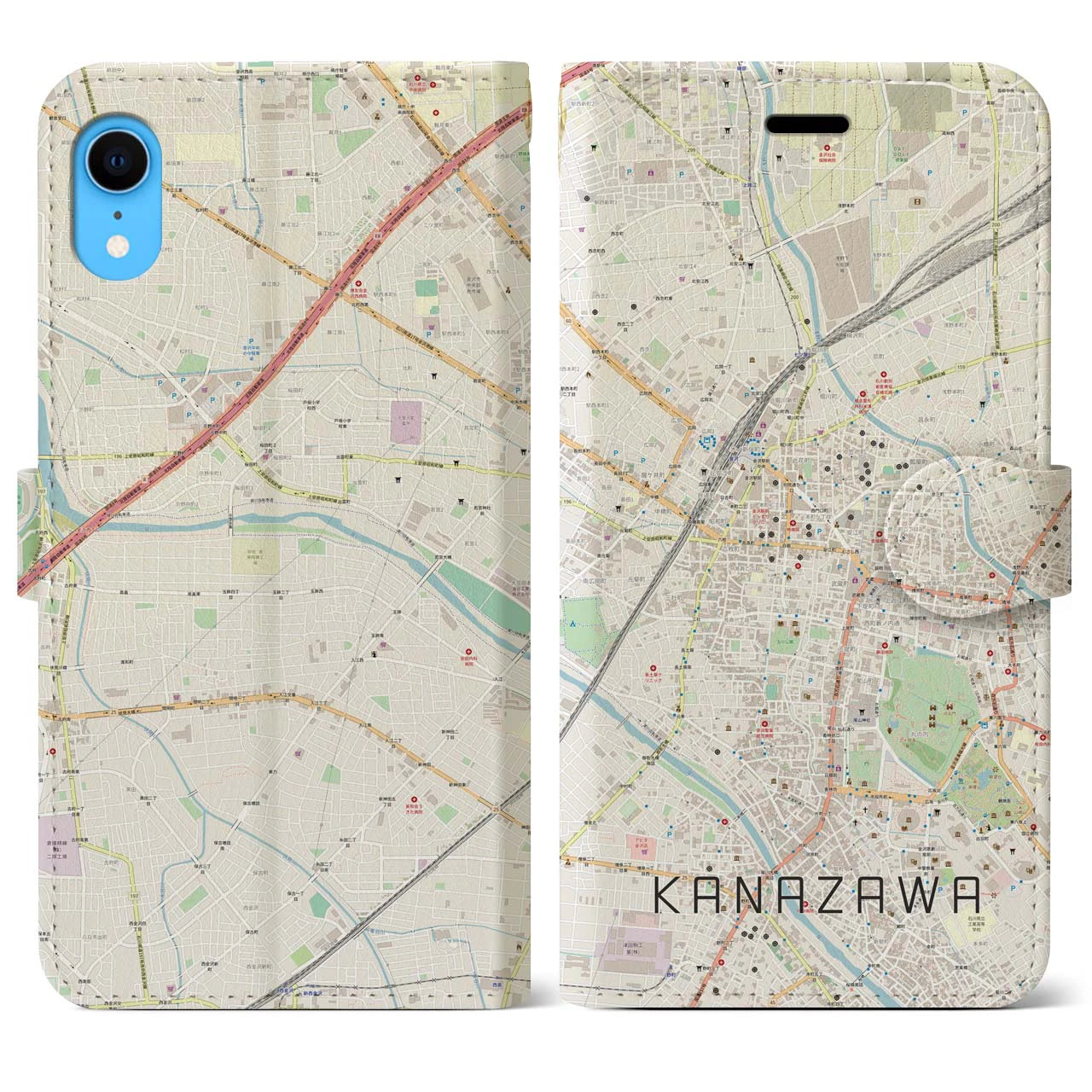 【金沢】地図柄iPhoneケース（手帳両面タイプ・ナチュラル）iPhone XR 用