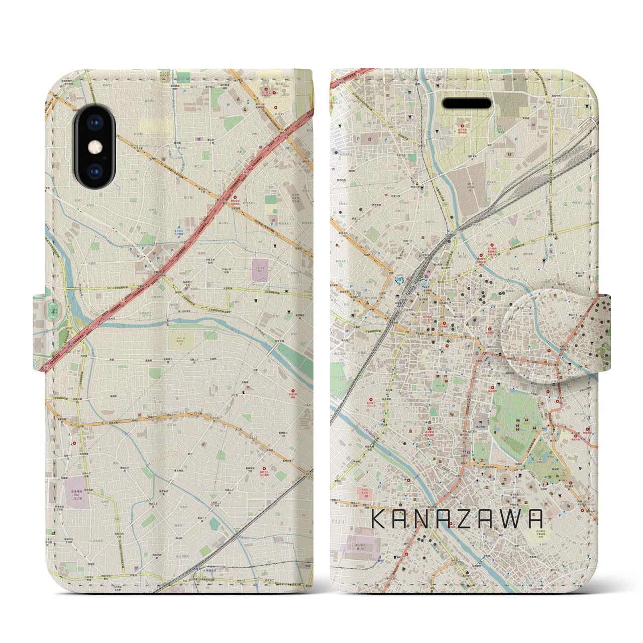 【金沢】地図柄iPhoneケース（手帳両面タイプ・ナチュラル）iPhone XS / X 用