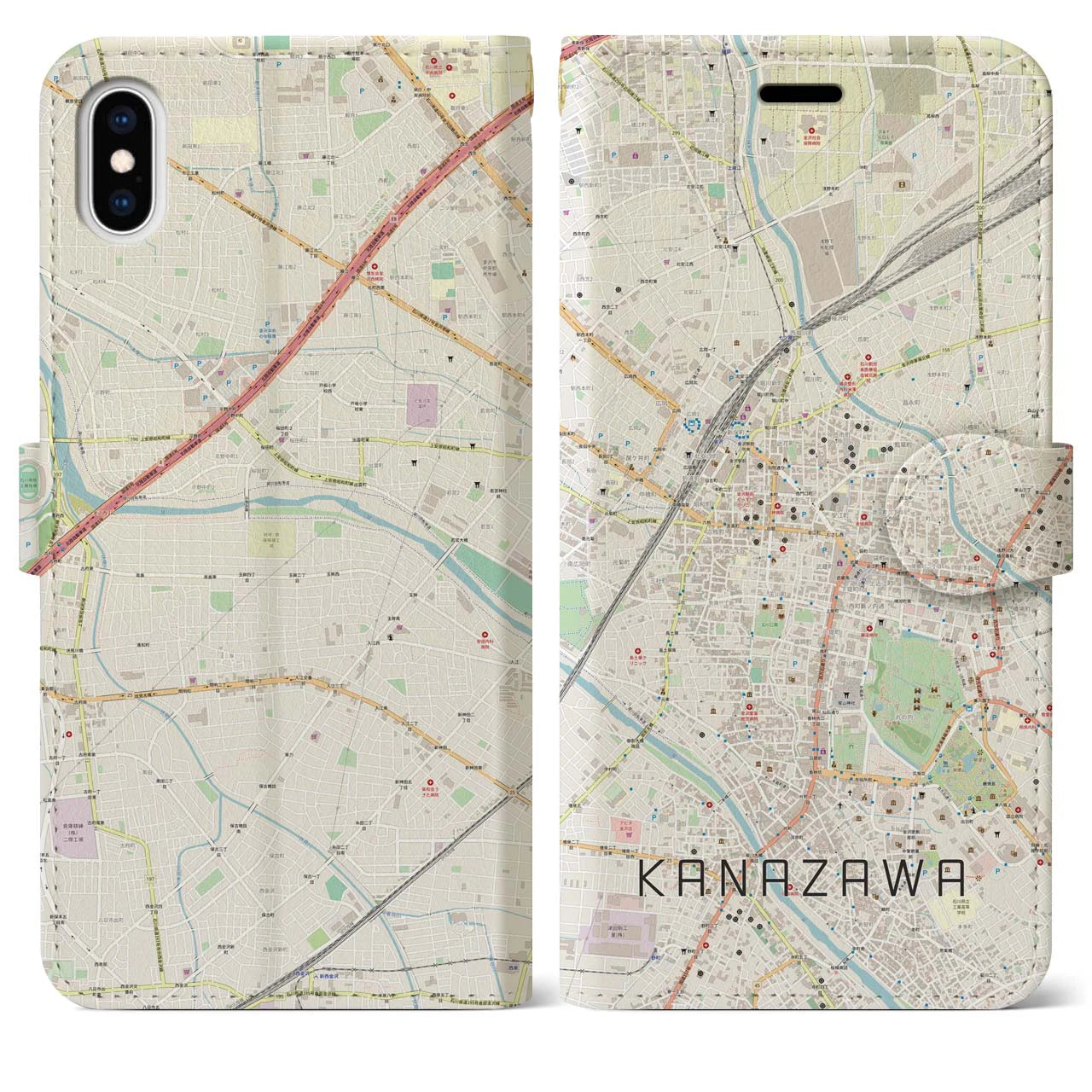 【金沢】地図柄iPhoneケース（手帳両面タイプ・ナチュラル）iPhone XS Max 用