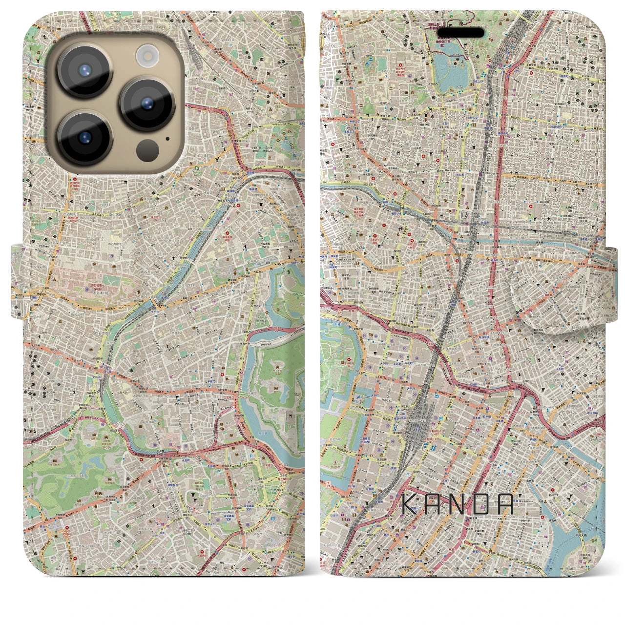 【神田】地図柄iPhoneケース（手帳両面タイプ・ナチュラル）iPhone 14 Pro Max 用