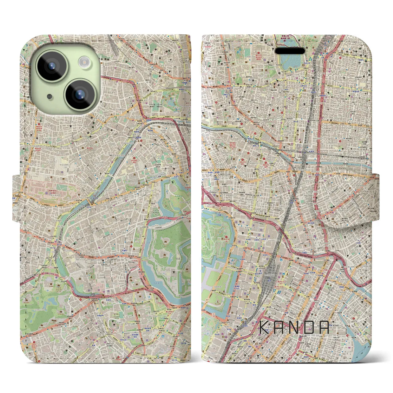 【神田】地図柄iPhoneケース（手帳両面タイプ・ナチュラル）iPhone 15 用