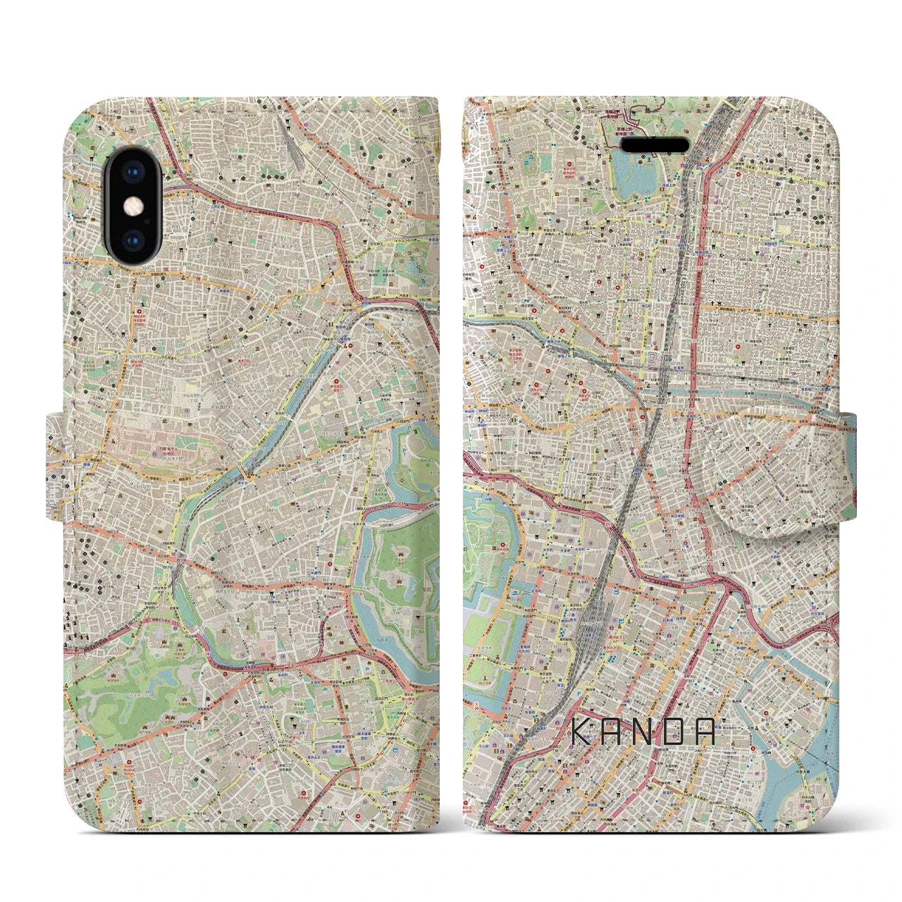 【神田】地図柄iPhoneケース（手帳両面タイプ・ナチュラル）iPhone XS / X 用