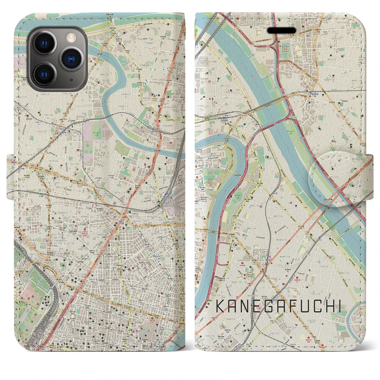 【鐘ヶ淵】地図柄iPhoneケース（手帳両面タイプ・ナチュラル）iPhone 11 Pro Max 用