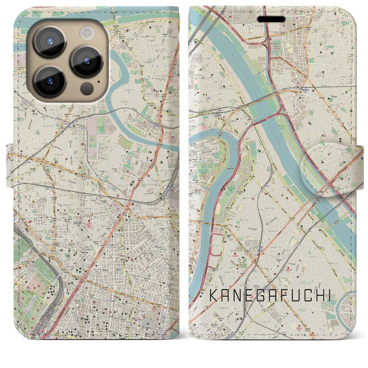【鐘ヶ淵】地図柄iPhoneケース（手帳両面タイプ・ナチュラル）iPhone 14 Pro Max 用
