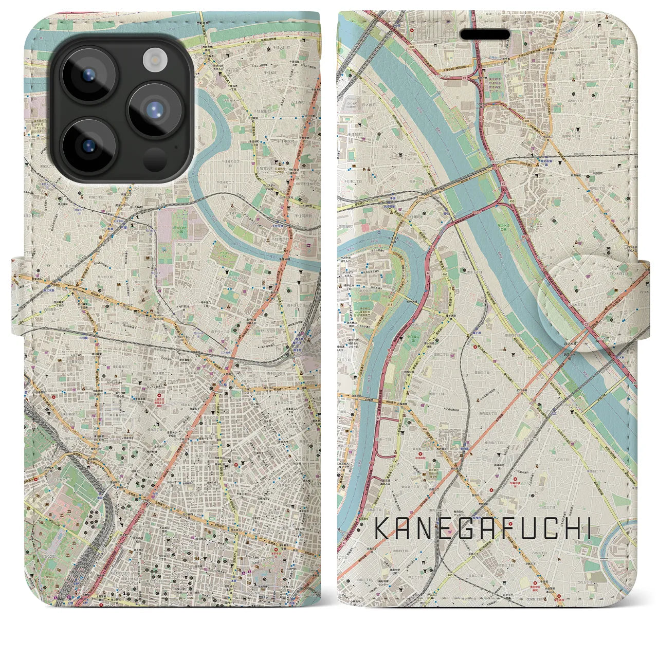 【鐘ヶ淵】地図柄iPhoneケース（手帳両面タイプ・ナチュラル）iPhone 15 Pro Max 用