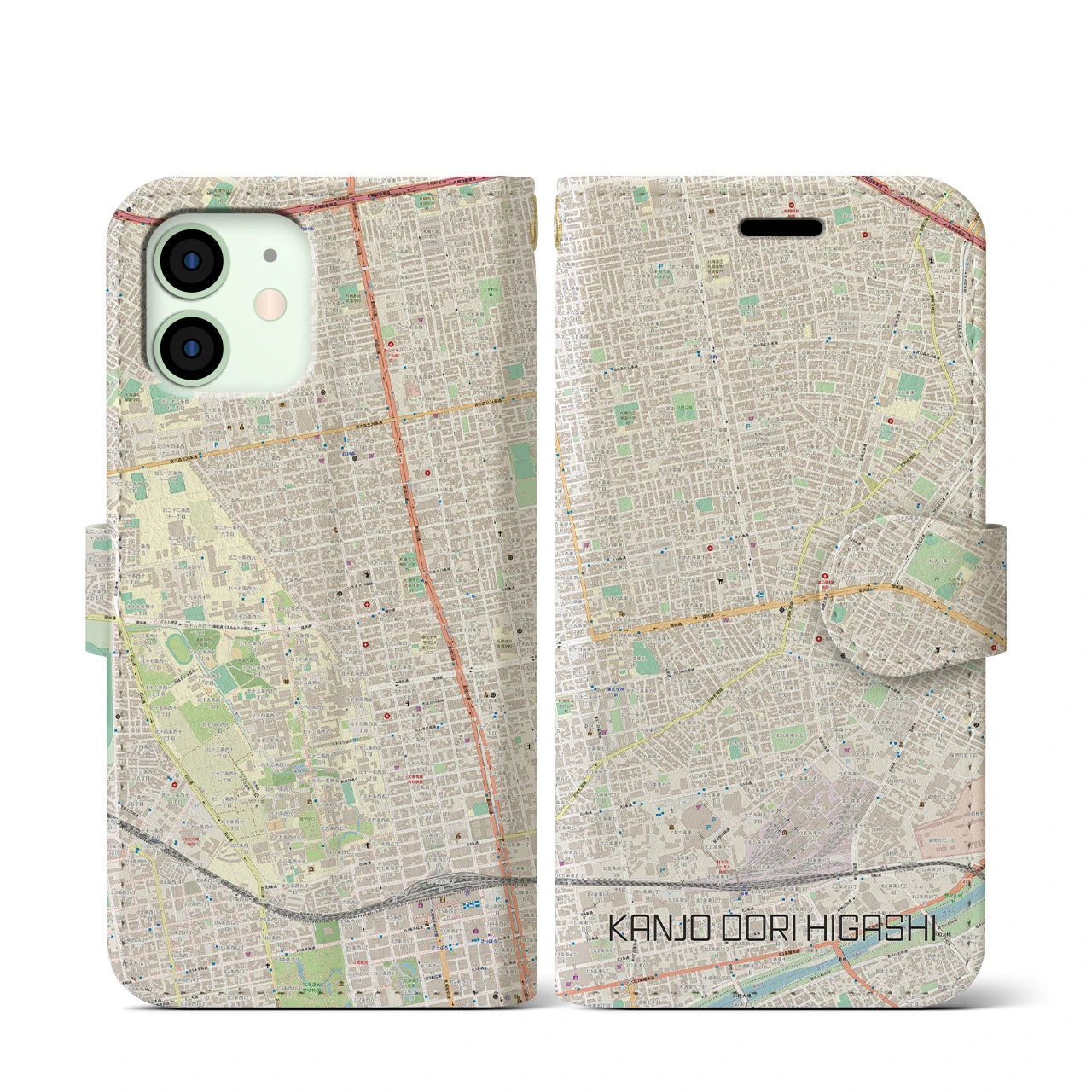 【環状通東】地図柄iPhoneケース（手帳両面タイプ・ナチュラル）iPhone 12 mini 用