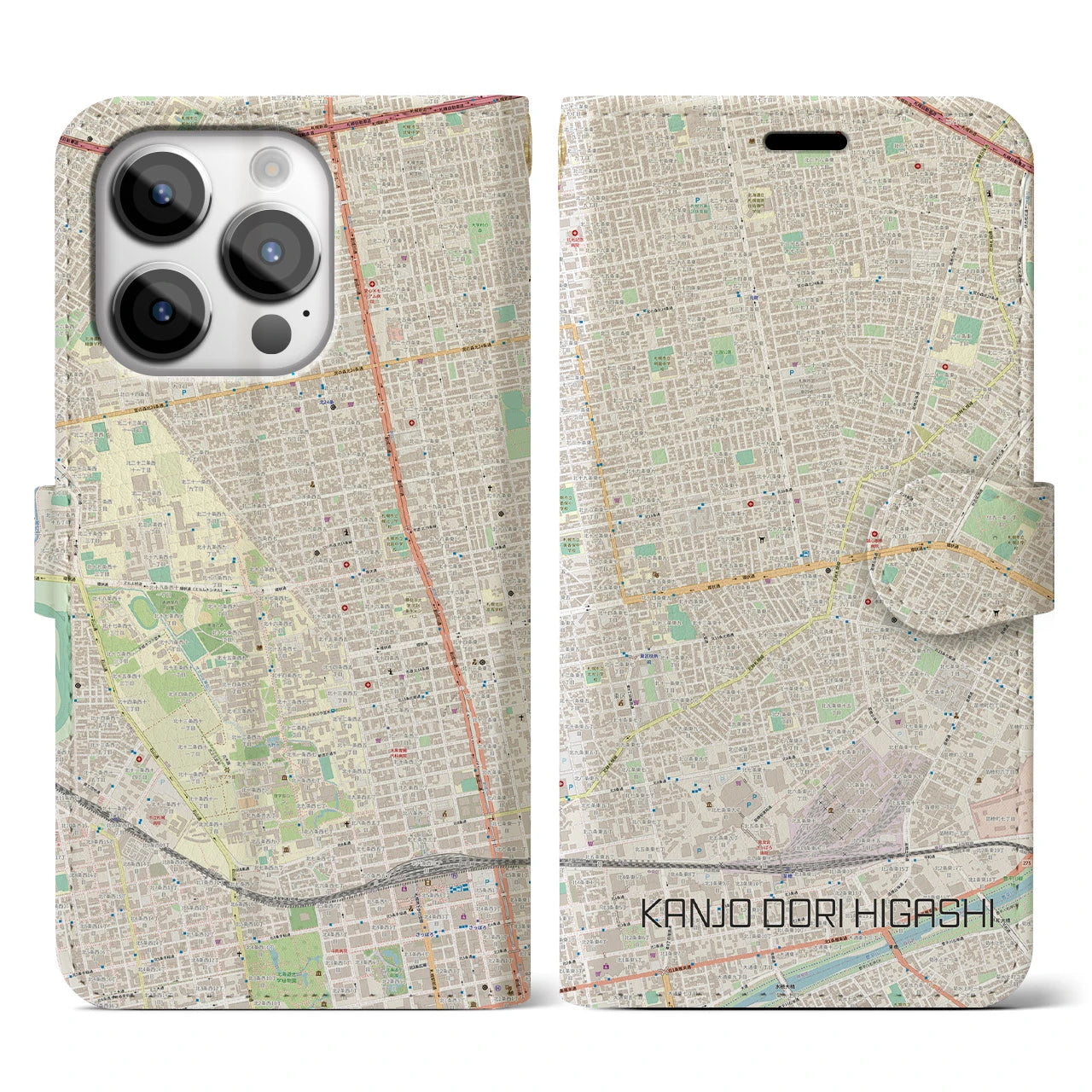 【環状通東】地図柄iPhoneケース（手帳両面タイプ・ナチュラル）iPhone 14 Pro 用