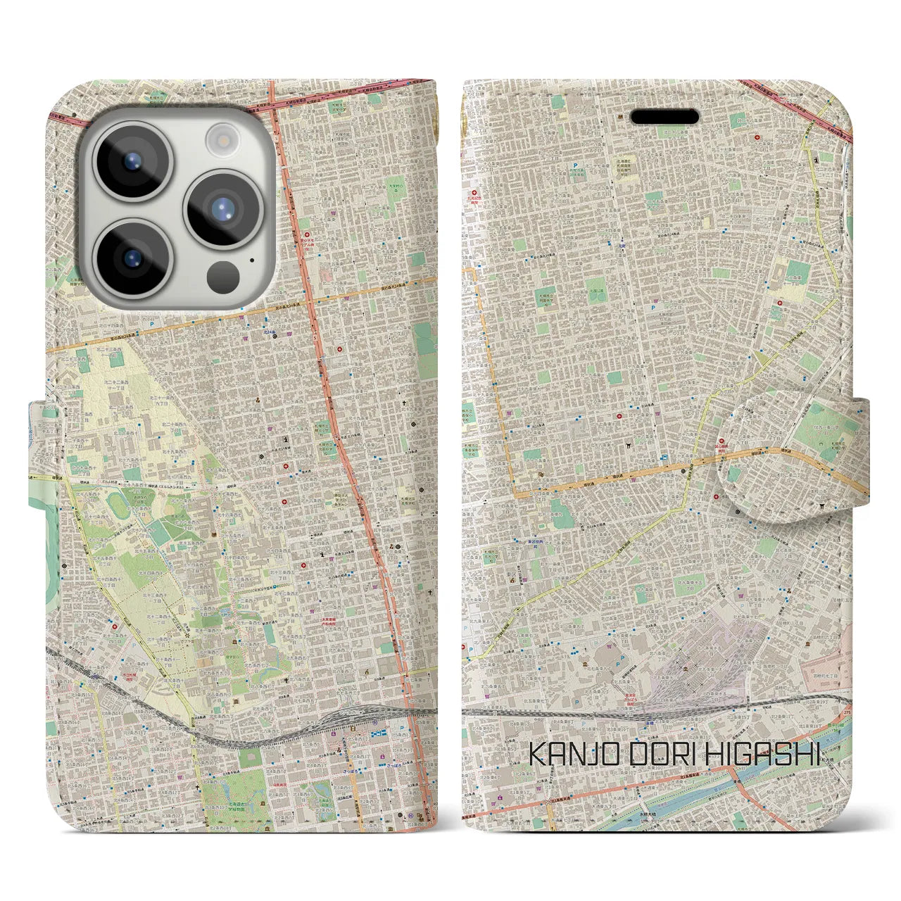 【環状通東】地図柄iPhoneケース（手帳両面タイプ・ナチュラル）iPhone 15 Pro 用