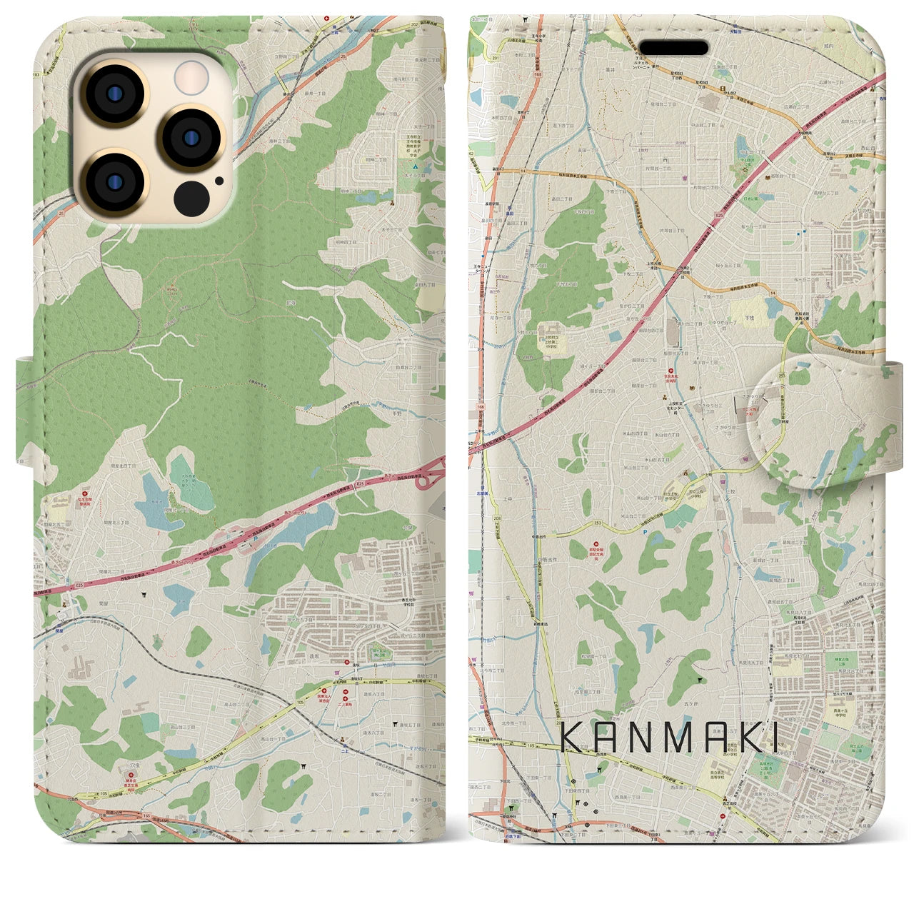【上牧】地図柄iPhoneケース（手帳両面タイプ・ナチュラル）iPhone 12 Pro Max 用