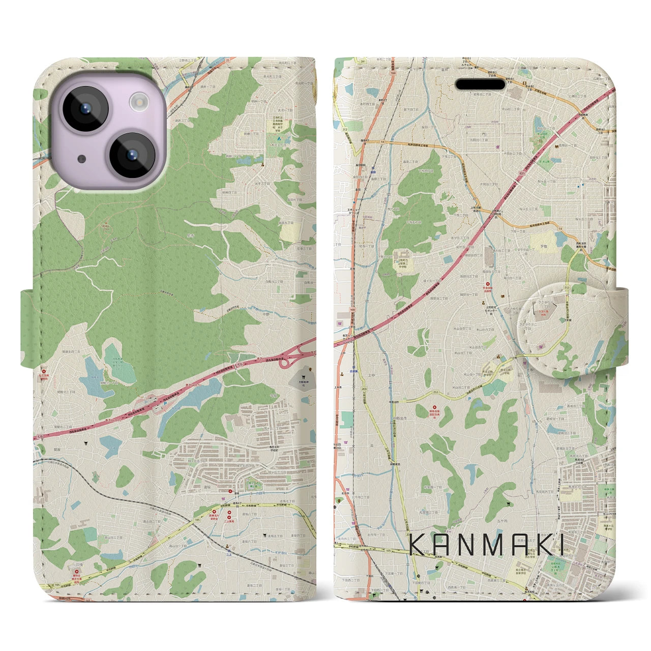 【上牧】地図柄iPhoneケース（手帳両面タイプ・ナチュラル）iPhone 14 用
