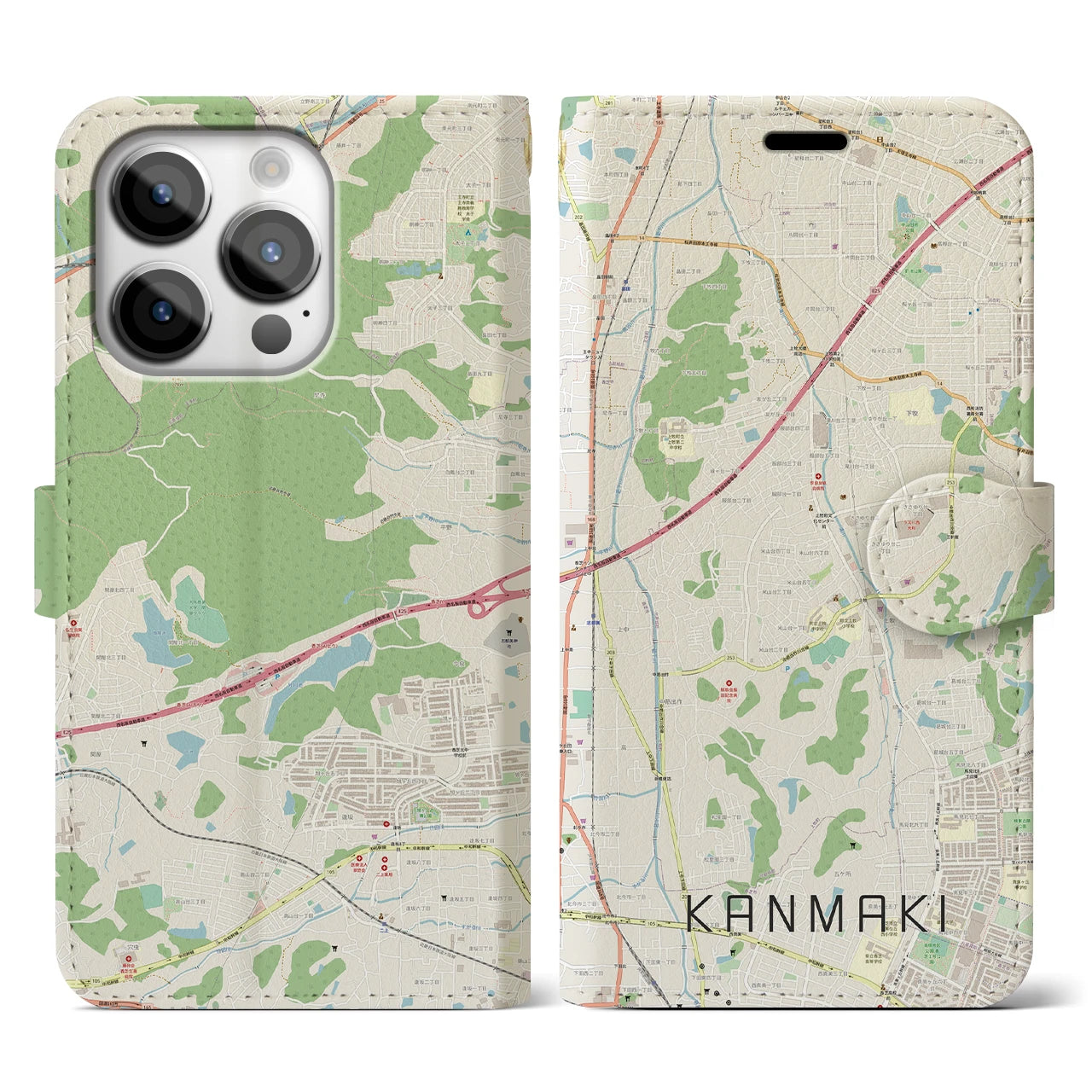 【上牧】地図柄iPhoneケース（手帳両面タイプ・ナチュラル）iPhone 14 Pro 用