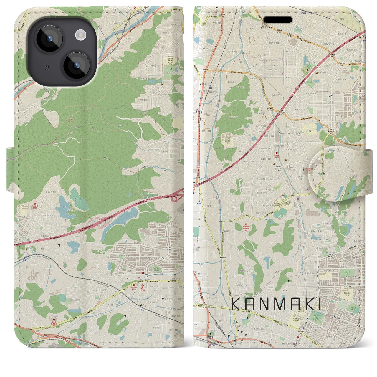 【上牧】地図柄iPhoneケース（手帳両面タイプ・ナチュラル）iPhone 14 Plus 用