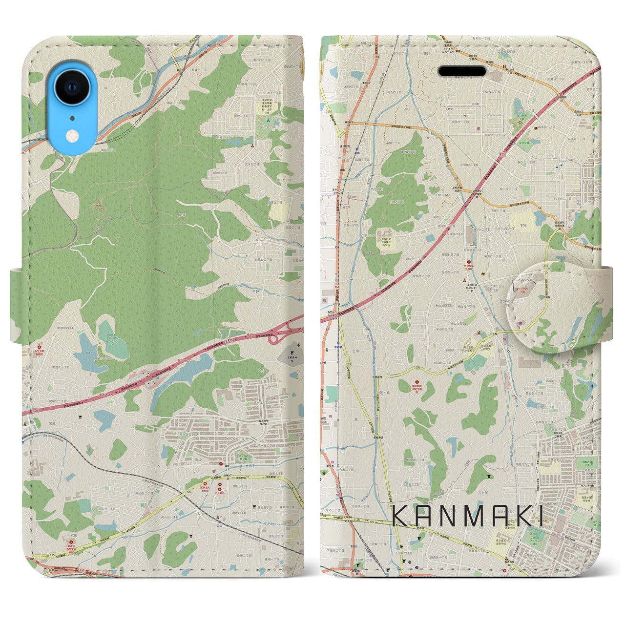 【上牧】地図柄iPhoneケース（手帳両面タイプ・ナチュラル）iPhone XR 用