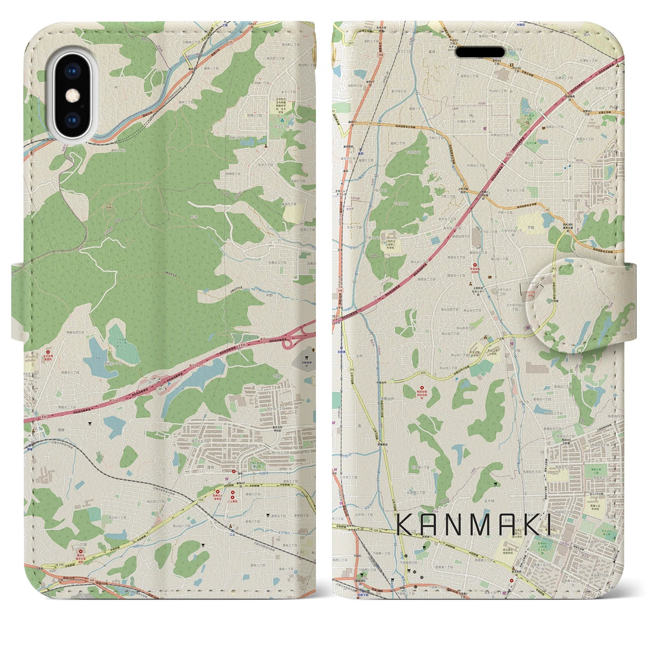 【上牧】地図柄iPhoneケース（手帳両面タイプ・ナチュラル）iPhone XS Max 用