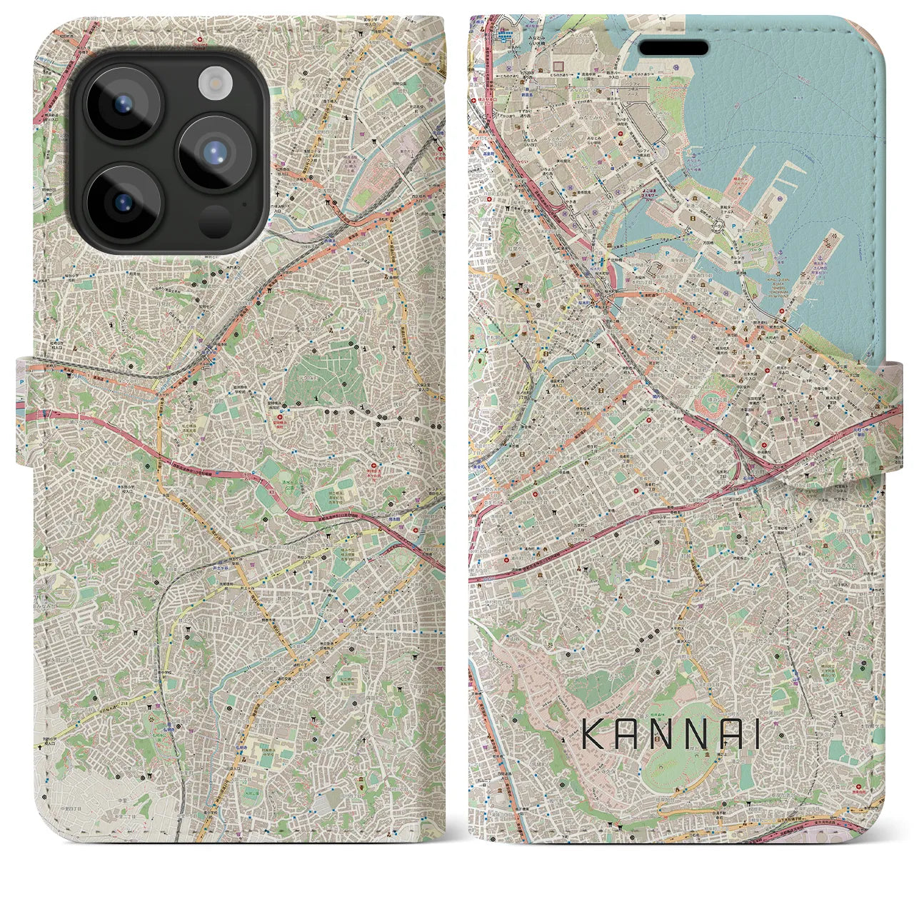 【関内】地図柄iPhoneケース（手帳両面タイプ・ナチュラル）iPhone 15 Pro Max 用
