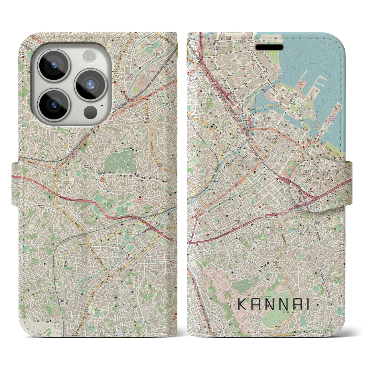 【関内】地図柄iPhoneケース（手帳両面タイプ・ナチュラル）iPhone 15 Pro 用