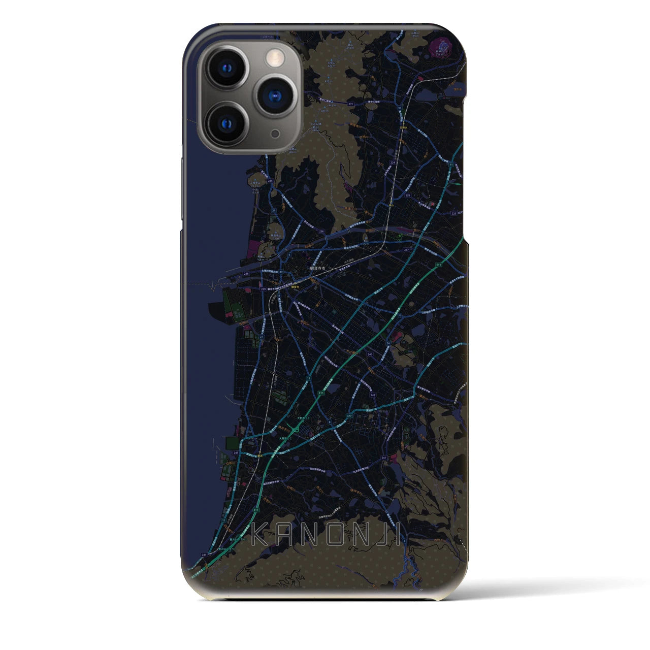 【観音寺】地図柄iPhoneケース（バックカバータイプ・ブラック）iPhone 11 Pro Max 用