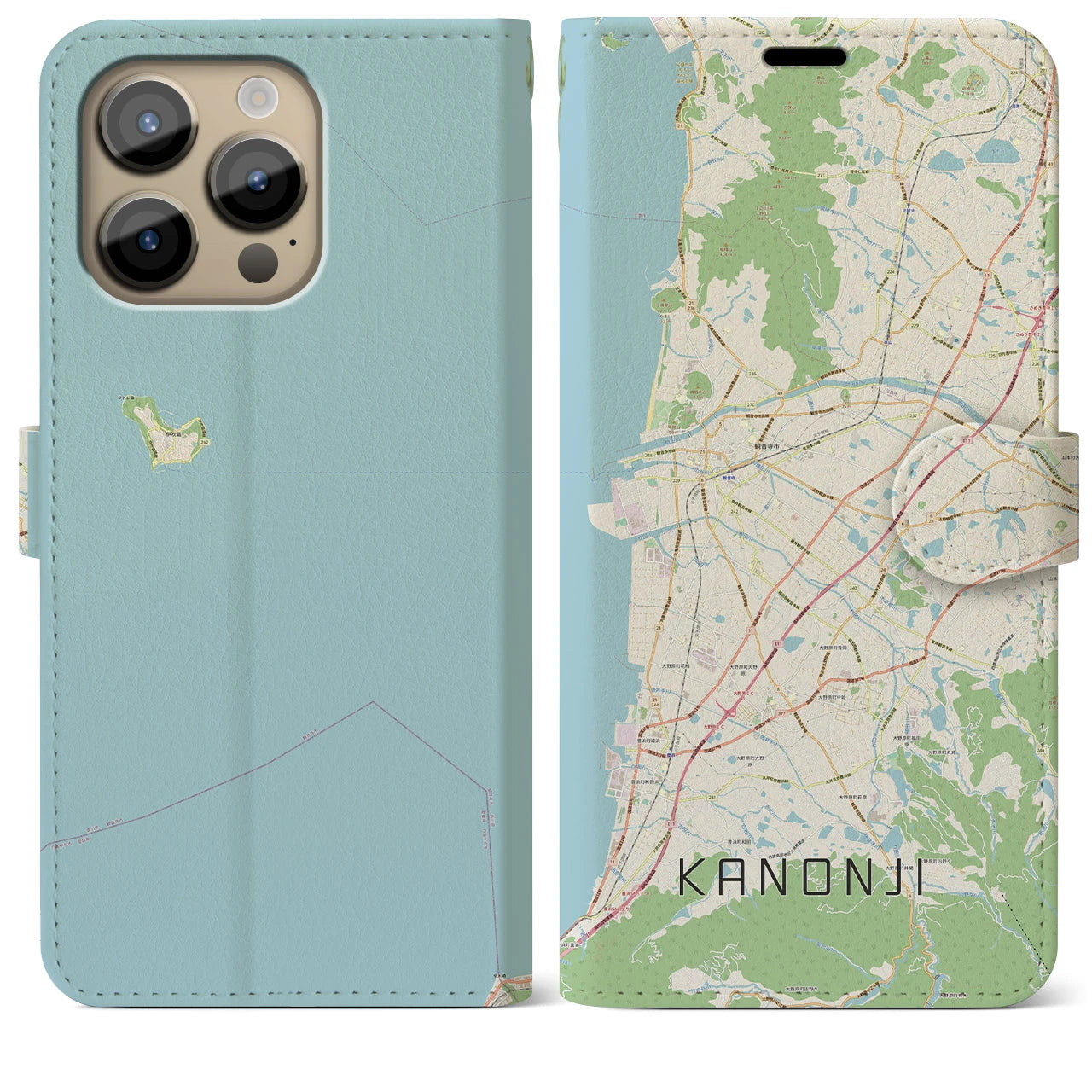 【観音寺】地図柄iPhoneケース（手帳両面タイプ・ナチュラル）iPhone 14 Pro Max 用