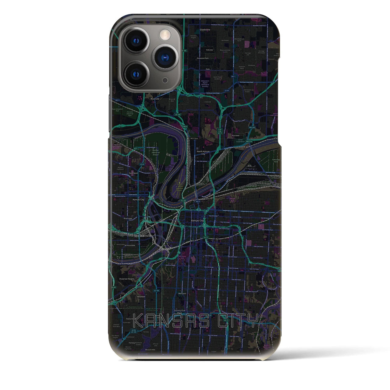 【カンザスシティ】地図柄iPhoneケース（バックカバータイプ・ブラック）iPhone 11 Pro Max 用