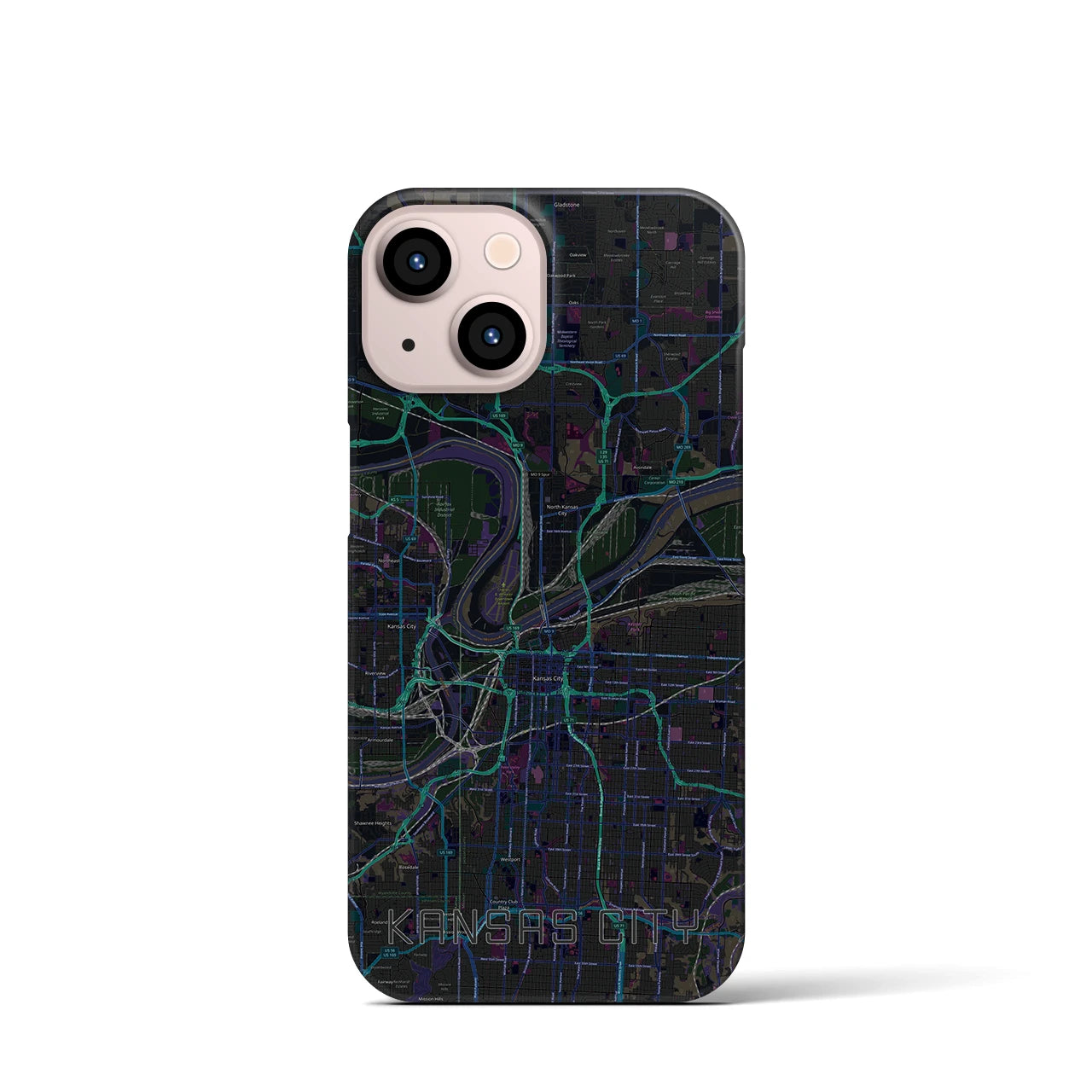 【カンザスシティ】地図柄iPhoneケース（バックカバータイプ・ブラック）iPhone 13 mini 用