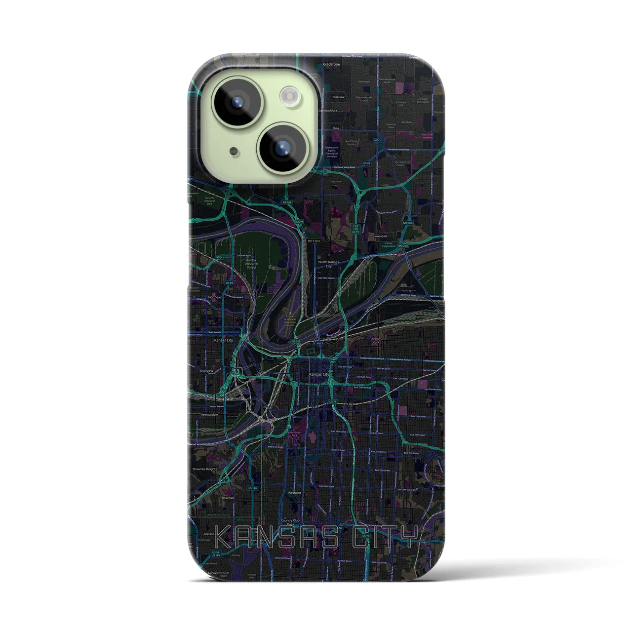 【カンザスシティ】地図柄iPhoneケース（バックカバータイプ・ブラック）iPhone 15 用