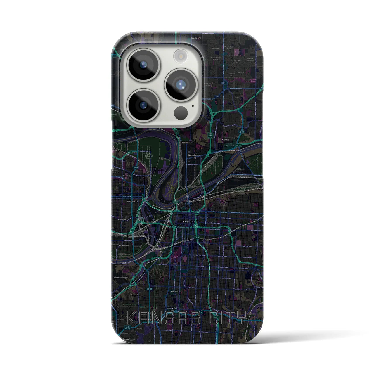 【カンザスシティ】地図柄iPhoneケース（バックカバータイプ・ブラック）iPhone 15 Pro 用