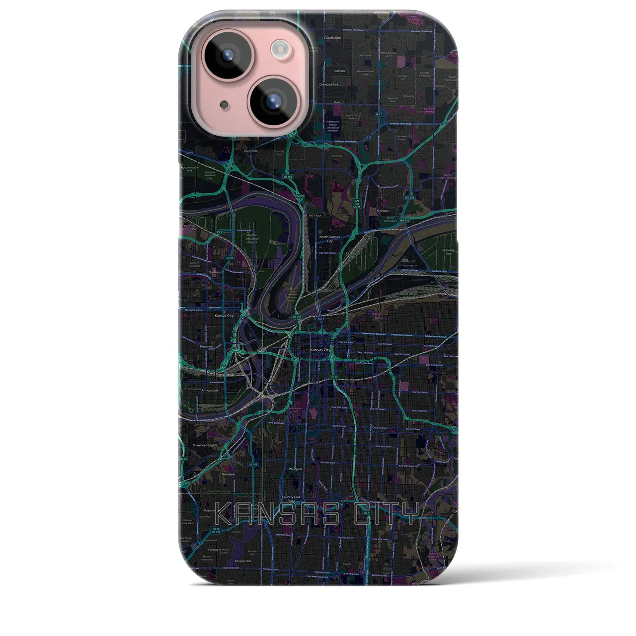 【カンザスシティ】地図柄iPhoneケース（バックカバータイプ・ブラック）iPhone 15 Plus 用